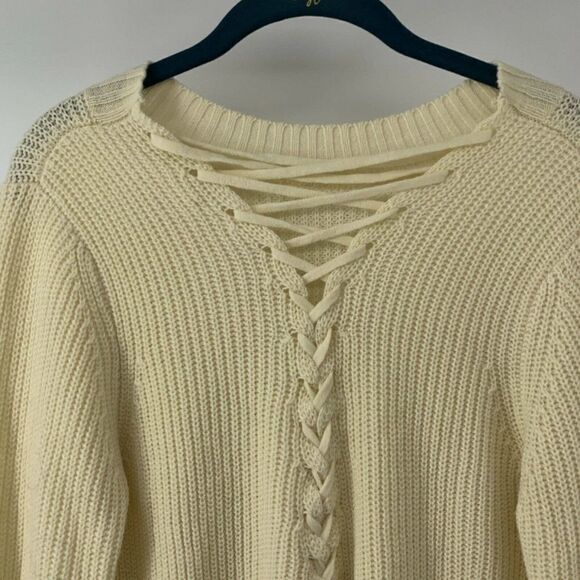 Cream Lace Up Back Sweater Split Back Tunic Medium - Picture 2 of 6